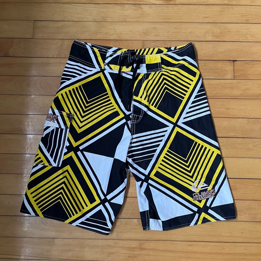 Quiksilver Mens Yellow Black White Y2k Vintage Board Shorts Size 32 Surf